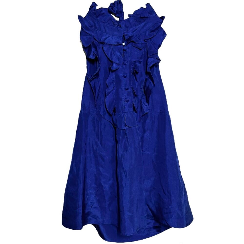 Rebecca Taylor 100% Silk Halter Top Ruffle Blouse Button Front Open Back Blue 0